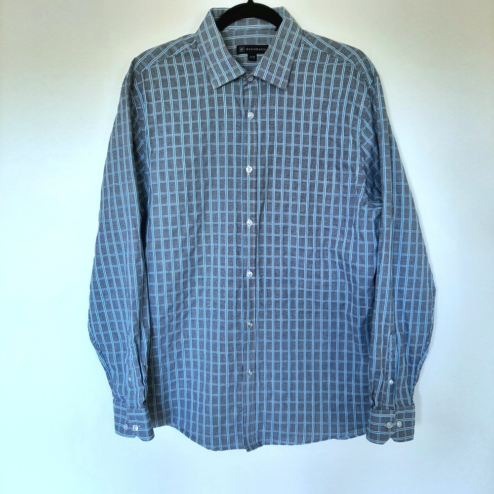 Bachrach long sleeved dress shirt grey/blue/white window pane pattern EUC